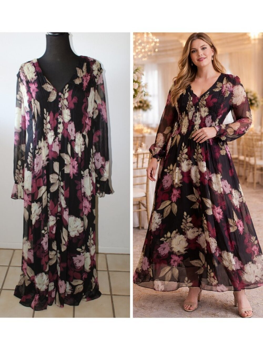 Taylor Chiffon Floral Print Dress Long Sleeve Size 16/XL Smoke V-Neck Party